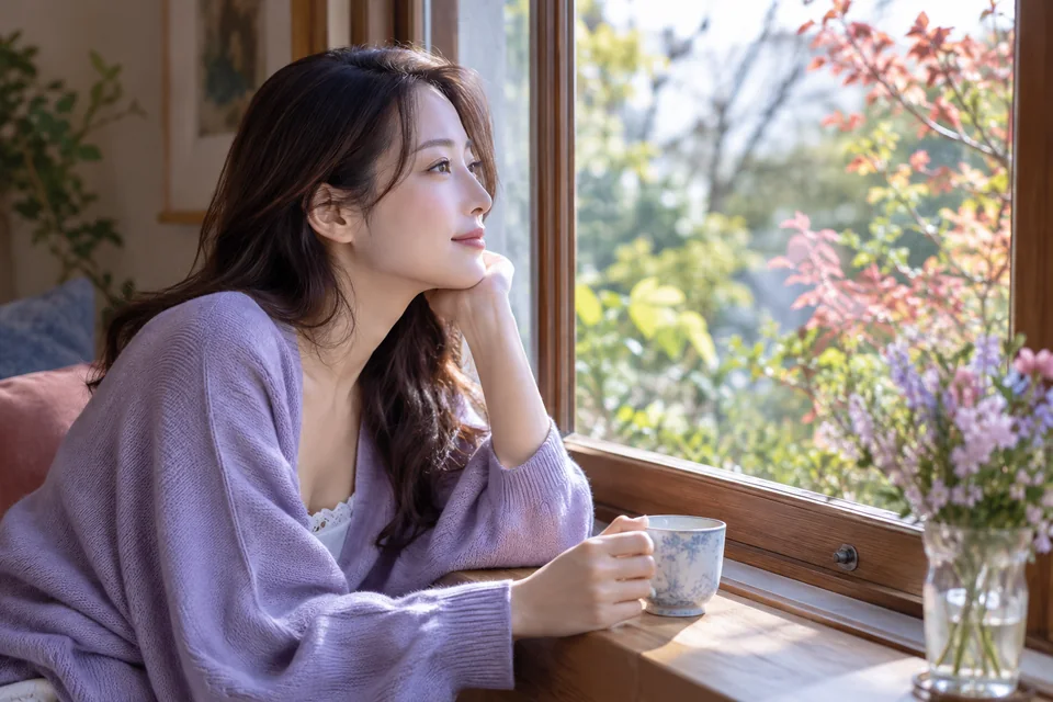 窓辺の女性が外の木々を眺めてひと息つく（イメージ）