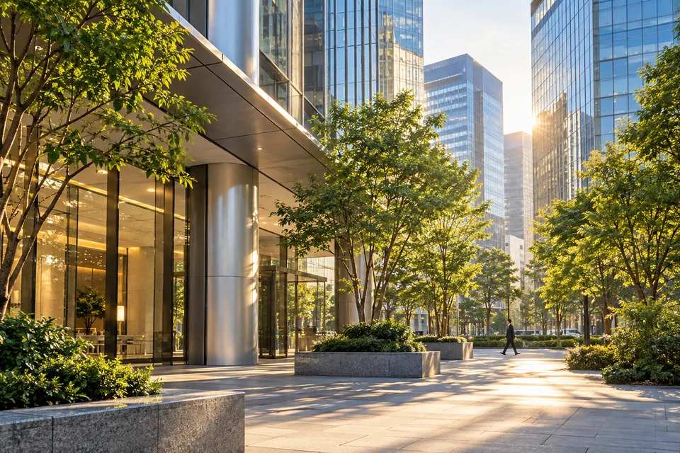 街路樹と銀色のオフィスビルが並ぶ都会の通り(イメージ)