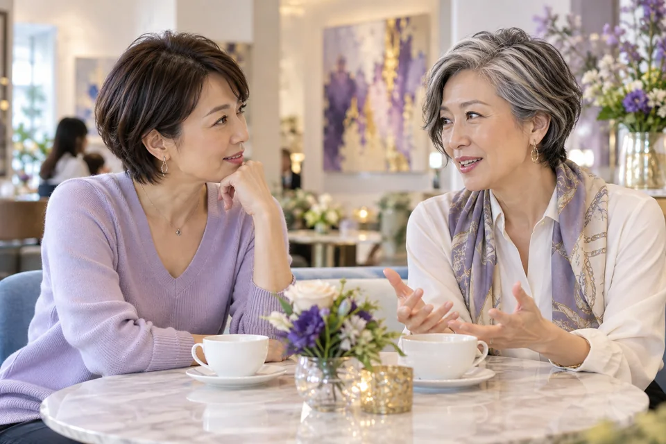 ギャラリーカフェで話す45歳と55歳ほどの成人女性二人（イメージ）