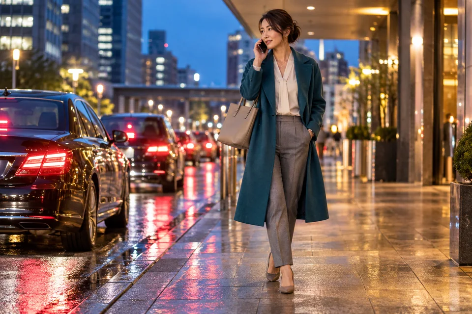 夕方のタクシー乗り場で電話する成人女性（イメージ）
