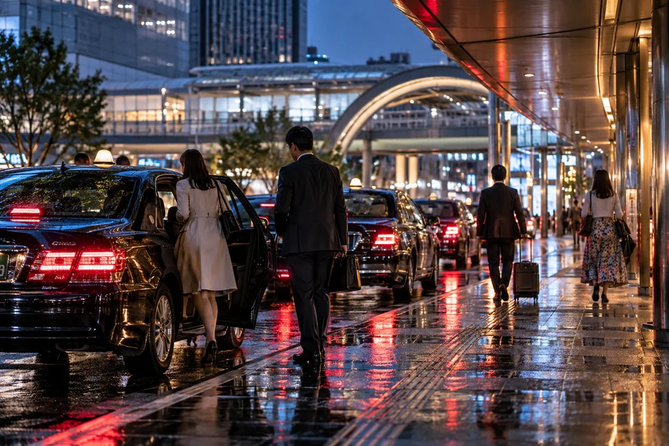 雨上がりのタクシー乗り場と移動する大人（イメージ）