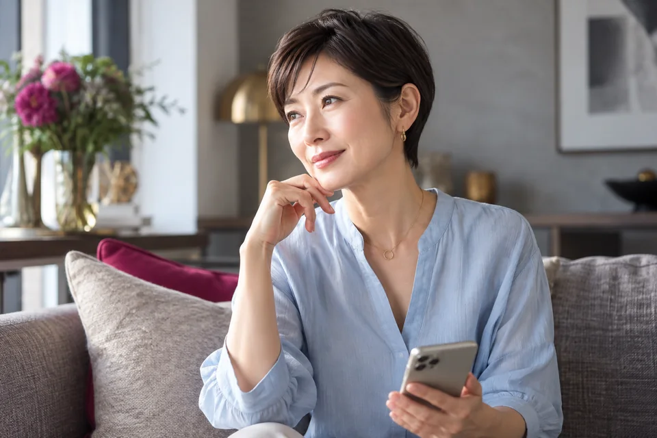 短い髪の成人女性が電話を下ろして話す準備をする（イメージ）