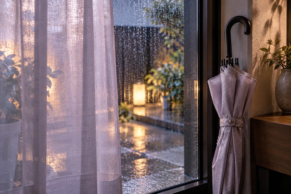 カーテンの奥に見える雨の街と閉じた傘（イメージ）